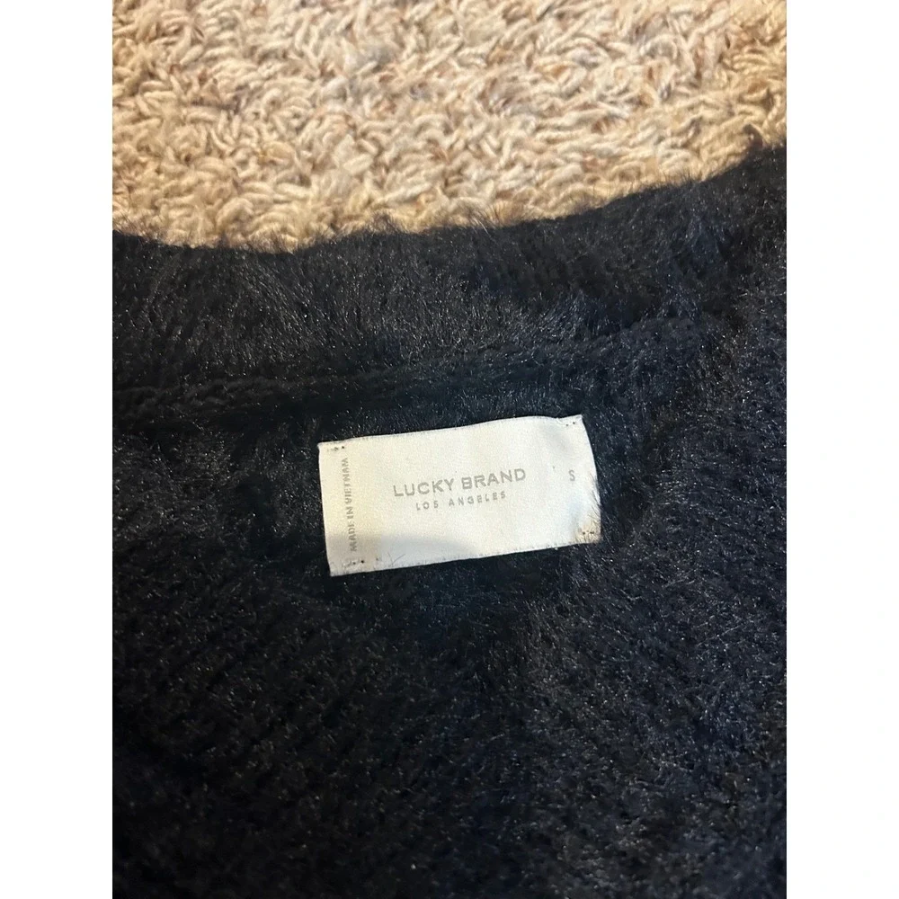 Lucky Brand Womens Black Fuzzy Cable Knit V-Neck Sweater‎ Size S